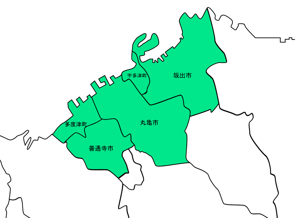 対応エリア地図（丸亀市・坂出市・善通寺市・宇多津町・多度津町を中心とした香川県西部）